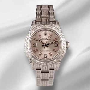 Rolex Oyster Perpetual Ladies 26mm 4ct Iced out Diamonds silver dial 176200 - Picture 1 of 11