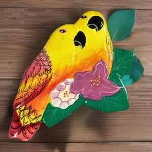 Vintage PARROTS Brooch 3” Wooden Yellow Hand Painted Tropical Bird Pair Pin EUC - Picture 1 of 4