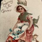 PostCard Easter All Happiness Embossed Matted Chicks Girl Egg Bonnet Flower Hat