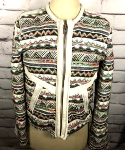 IRO Elomi Neon Aztec Structured Tweed Jacket Blazer Sz 1  Zip Up Lambs Wool Silk - Picture 1 of 6