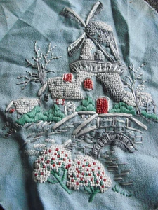 VTG Needlepoint Embroidery WINDMILL Garden  Bridge 8" Blue - Picture 1 of 6