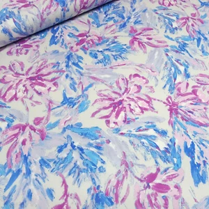Stoff Baumwolle Satin Stretch Blumenmuster weiß blau pink rosa Kleiderstoff - Bild 1 von 4