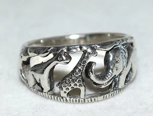 Anillo de plata esterlina detallado jirafa y elefante en diseño de corte abierto talla 7 - Imagen 1 de 8