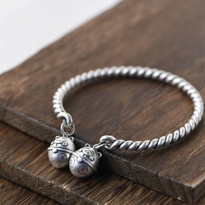 Pure S990 Fine Silver Bangle Men Women Pig Bell Twist Cuff Bracelet - Image 1 of 4