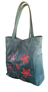Green Leather Tote Bag w Flowers, Women Shoulder Casual Handbags, Yury - Picture 1 of 6