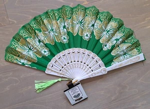GREEN & GOLD HAND HELD FOLDING FAN - Picture 1 of 9