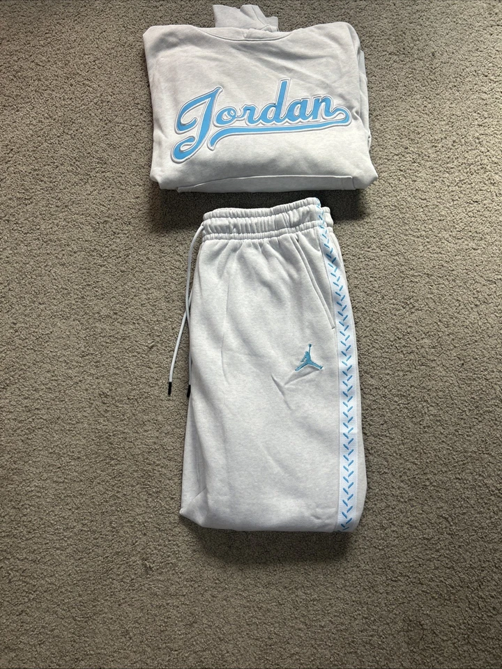 CONJUNTO COMBINANDO Jordan MVP cinza e azul claro moletom com capuz e calça de moletom tamanho grande novo - Imagem 1 de 4