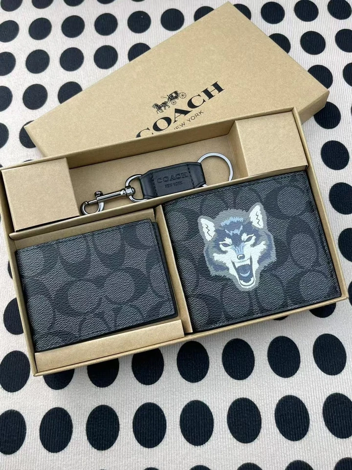COACH MEN'S 3 IN 1 WALLET BOXED GIFT SET IN SIGNATURE CANVAS Black/Brown/Grey Foto 1 de 4