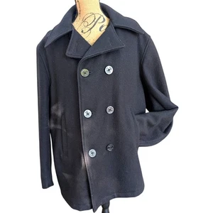 Vtg Spiewak Black Peacoat Mens 46 Wool Naval Double Breasted Golden Fleece Coat - Picture 1 of 12