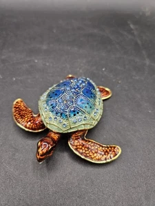 Sea Turtle Trinket Bow Jeweled w/ Enamel Magnetic Close Hinged Back - Picture 1 of 7