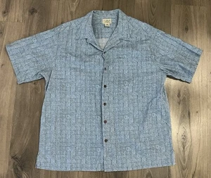 LL BEAN Shirt Mens L Batik Mayan Aloha Print Aztec Button Up Camp Cotton Blue - Picture 1 of 6