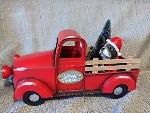 Boston terrier Dog Red Pickup Truck Christmas bottle brush tree wreath figure - Picture 1 of 12