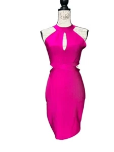 GUESS Bodycon Dress Cut-Out Waist Ribbed Sleeveless Keyhole Striped HOT PINK MED - Picture 1 of 16