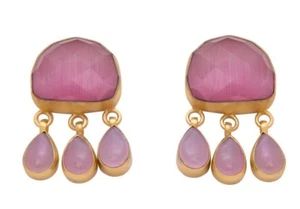 Totalmente Nuevos Pendientes de Tachuela Rosa Ágata Facetada Piedra Enchapados en Oro 18K con Piedras Colgantes - Imagen 1 de 4