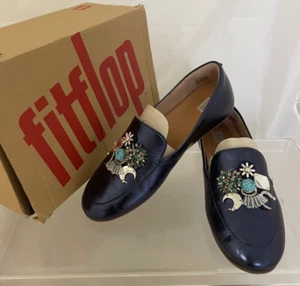 Mocasines planos Fitflop UK 6 Lena Galaxy Cluster de cuero azul marítimo brillante en muy buena condición - Imagen 1 de 12