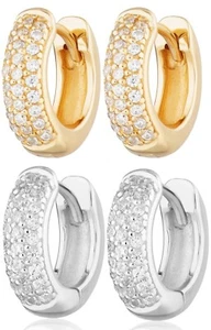 CZ Bling Huggie Earrings Hoop Men Womens 18ct Yellow / White Gold Filled Hoops - Picture 1 of 4