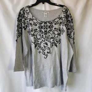 Rebecca Malone Woman 3X Gray Black Floral Silver Studded 3/4 Sleeve NWT - Picture 1 of 8
