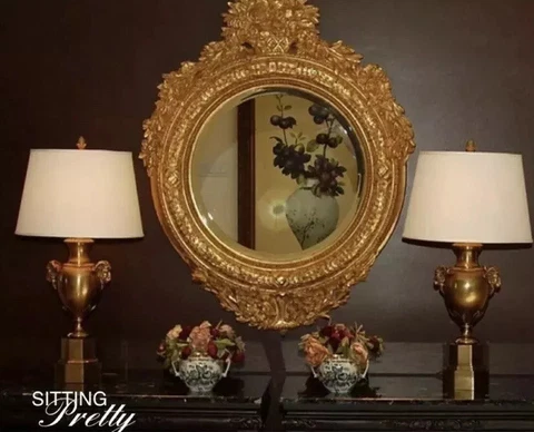 Wood Gesso Custom Mint Millefleurs Round Mirror Frame 53 x 41 Cover