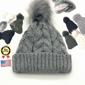 Cappello donna invernale intrecciato, foderato in pile, orlo con polsini berretto caldo con pompon - Foto 1 di 18