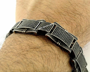 3.8 Ct Simulated Black Diamond Men's Wide Link Bracelet 14k Black Plated Silver.