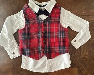 Boys Shirt Holiday Christmas Sz. 5 White Red Plaid Vest Bow By Max Studios (3pc) - Picture 1 of 11