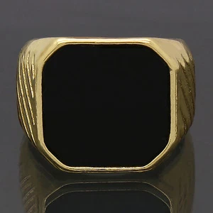 Mens 14k Gold Plated Hip Hop Style Black Top Pinky Ring - Picture 1 of 6