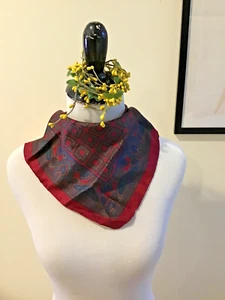 Christian Dior Handrolled Silk Neck Scarf  ~17” Maroon Blue Pattern - Picture 1 of 5