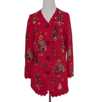 Cárdigan de Navidad con cuentas Michael Simon para mujer talla mediana rojo vintage 1995 Foto 1 de 4