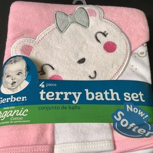 Juego de baño de rizo Gerber de algodón orgánico de 4 piezas - Toalla con capucha y 3 paños - Nuevo con etiquetas - Imagen 1 de 4