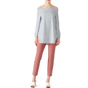 TIBI Samuel Off The Shoulder Poplin Top Smocked Striped White and Blue Women's 4 - Picture 1 of 14
