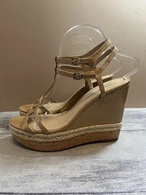 Sandalias Via Spiga Nude Charol Corcho Cuña Doble Correa Plataforma Talla 9 Foto 1 de 4