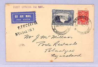 SOUTHERN RHODESIA Air Mail 1934 Cover FIRST FLIGHT Blantyre NYASALAND Cachet WT2 - Image 1 of 4