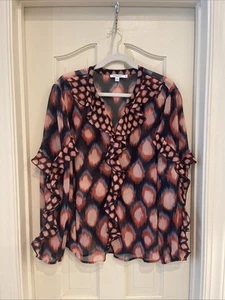 Chico's Blouse Size 3 XL Navy Blue Ruffle Detail Long Sleeve - Picture 1 of 10