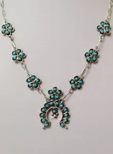 Native American Zuni Turquoise Dainty Squash Blossom Sterling Silver Necklace - Picture 1 of 12