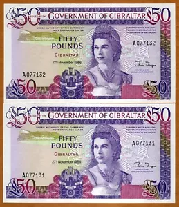 JUEGO GIBRALTAR, 2 x 50 libras, 1986, P-24, par consecutivo, QEII, SIN CIRCULAR - Imagen 1 de 1