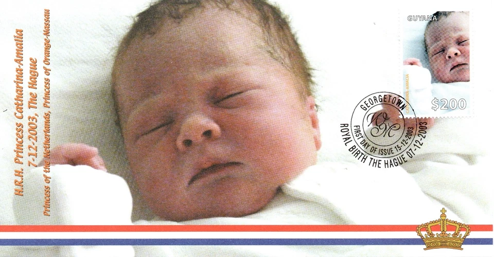 GUYANA 2003 NACIMIENTO DE LA PRINCESA CATARINA - AMALIA DE LOS PAÍSES BAJOS FDC (2) MNH Foto 1 de 1