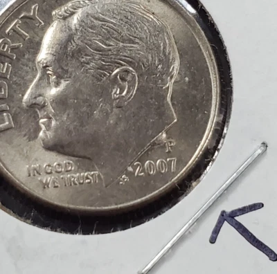 2007 P Roosevelt Dime Coin Die Chip cud obverse AU / UNC - Image 1 of 4