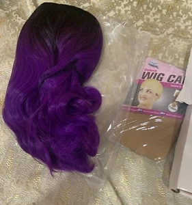 Wig Synthetic With Bangs Party Wavy Wig Dark Purple Women’s Shoulder Length - Picture 1 of 9