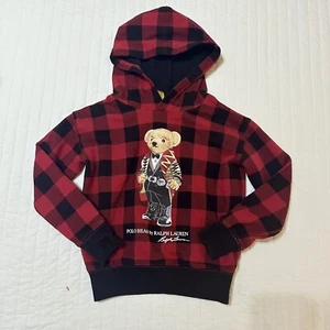 Polo Ralph Lauren Teddy Bear Hoodie Red & Black Buffalo Plaid Boys Size Small 7 - Picture 1 of 6