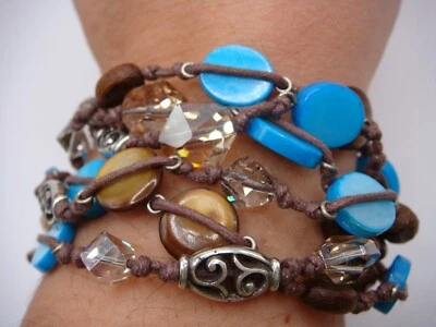 BRIGHTON RIVIERA MULTI STRAND TURQUOISE SHELL TIGER EYE CRYSTAL BRACELET ESTATE - Image 1 of 4