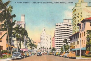 Miami Beach Florida, Collins Avenue Street View, autos antiguos, postal vintage - Imagen 1 de 2