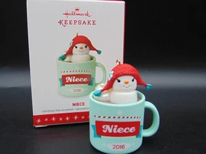 Hallmark Keepsake Ornament NIB 2016 Niece Marshmallow Snowman in Hot Cocoa Mug - Picture 1 of 8