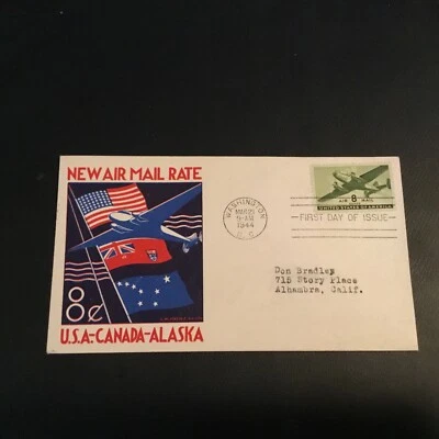 FDC 1944 #C26-23 STAEHLE CACHET NEW AIR MAIL RATE USA-CANADA-ALASKA 8CT STAMP  - Image 1 of 2