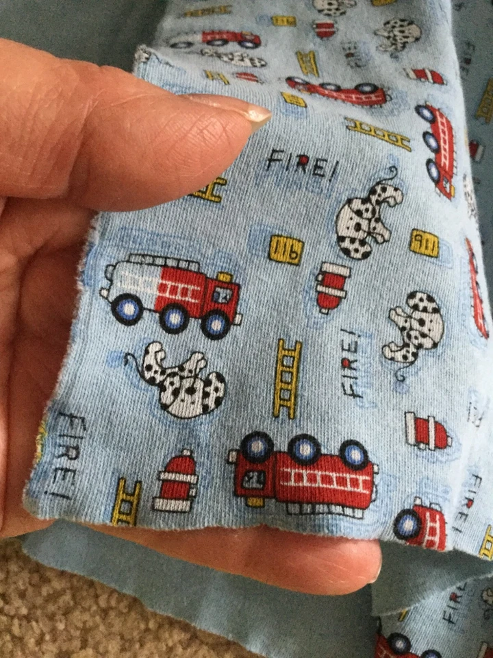 Fabric Firefighter Fire Engines Dalmations Dogs Yellow Ladders on Blue Knit - Image 1 of 4