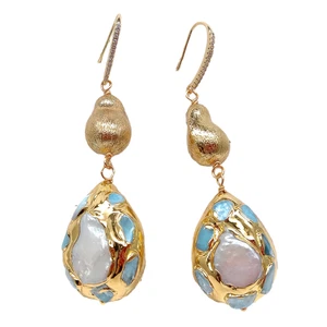 Cultured White Pearl Teardrop Shape Blue larimar Brushed Bead Hook Earrings - Picture 1 of 6