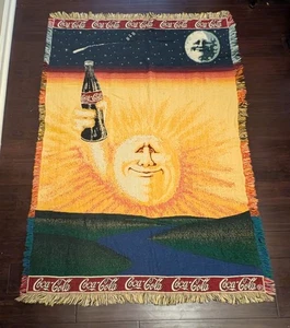 Vintage Coca Cola Sonne Mond Fransen Überwurf Gobelin Decke 90er Cola 48" mal 66" - Bild 1 von 4