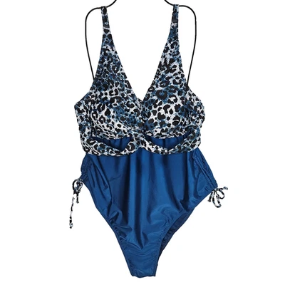 Traje de baño para mujer Plus 4X azul estampado animal cuello hundido espalda baja una pieza pierna alta Foto 1 de 4