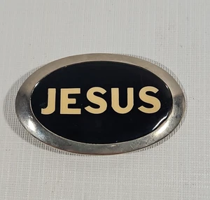 Vintage JESUS Metall Gürtelschnalle blau irisierend oval christlicher Glaube religiös - Bild 1 von 11