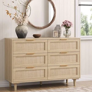 Rattan Dresser 6 Drawer Wide Dresser Chest of Drawers Clothes Storage Cabinet - Picture 1 of 10