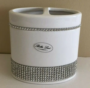 BELLA LUX Divided Toothbrush Holder OVAL Rhinestones WHITE CERAMIC Glam NWT - Picture 1 of 6